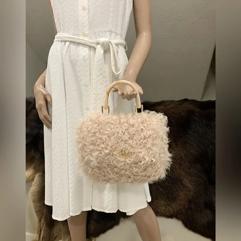 Beige Genuine Curly Shearling Top Handle & Fold Over Flap Purse, Crossbody